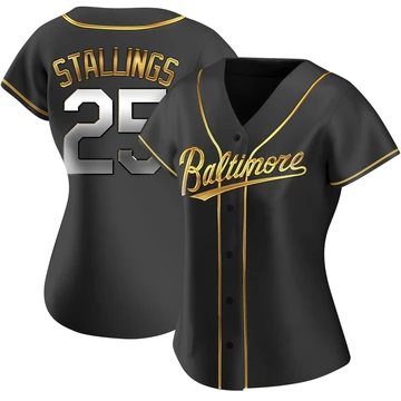 Women's Baltimore Orioles Jacob Stallings ＃25 Gold Replica Black en Alternate Jersey