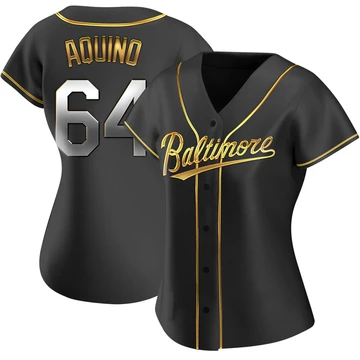 Women's Baltimore Orioles Jayson Aquino ＃64 Gold Replica Black en Alternate Jersey